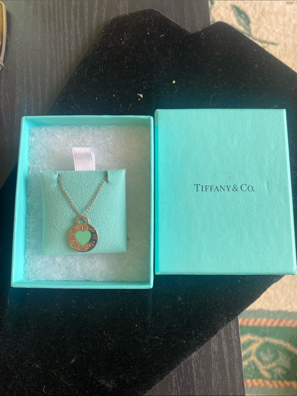 Authentic Tiffany & Co. Sterling Silver Blue Enamel Heart Pendant Necklace